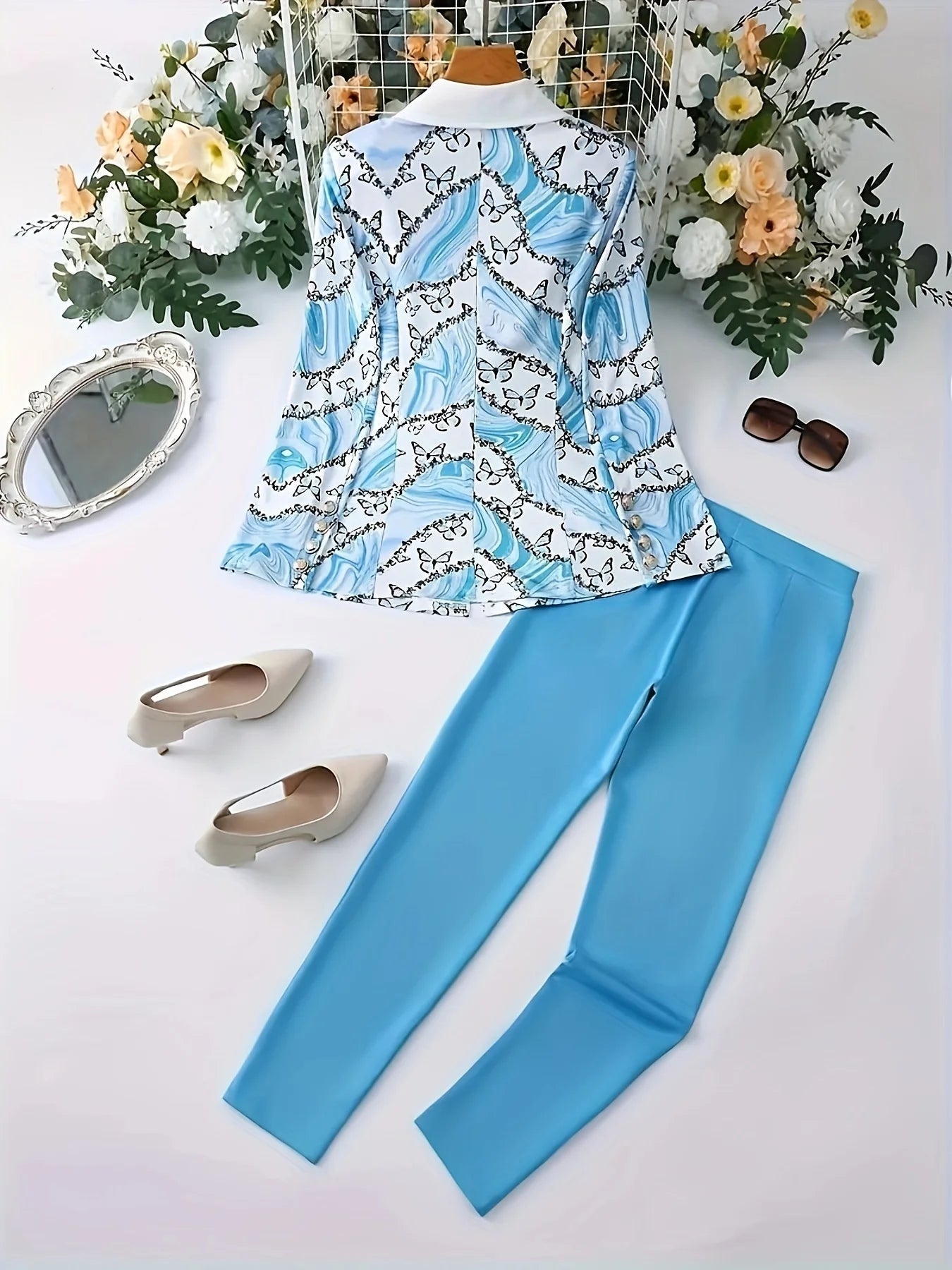 Elegant Butterfly Print Two-Piece Set Ohberri