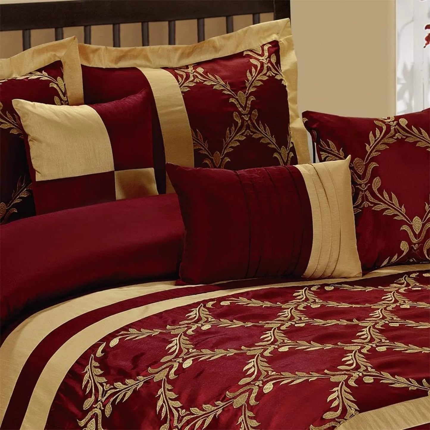 7 Piece Comforter Set King - Burgundy and Gold Faux Silk Fabric Embroidered - Claremont Bed in A Bag - Breathable and Wrinkle - Ohberri