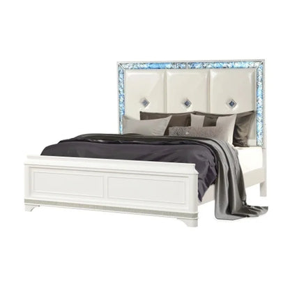 5 Pc King Upholstered Bedroom Set with Wood and Crystal Accents in White - Ohberri