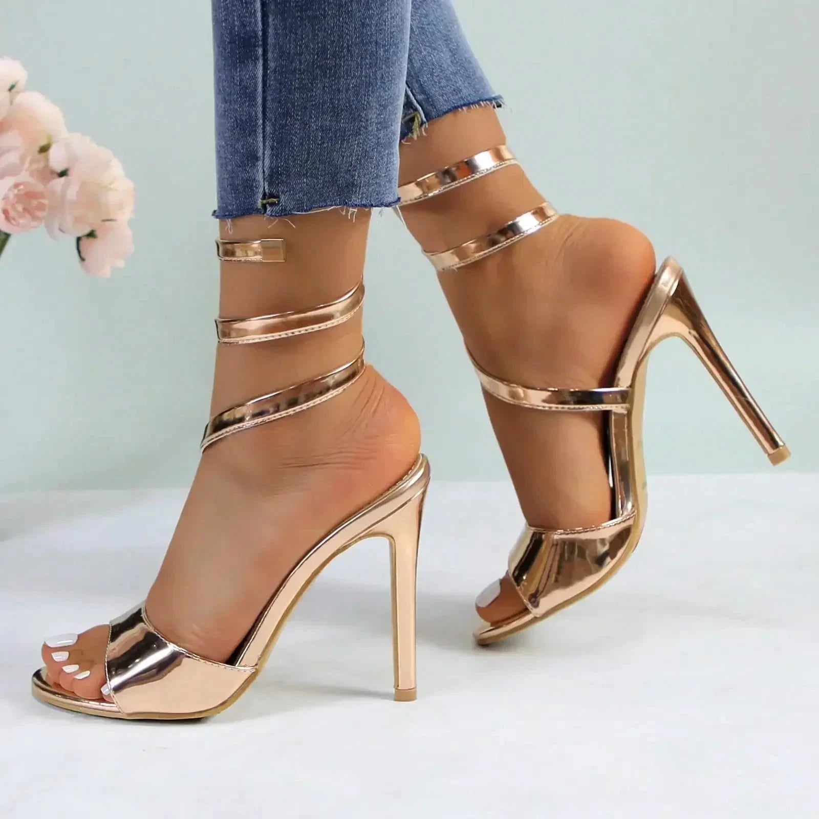 Strappy Gold Stilettos - Lace-Up Ankle Wrap Heels Ohberri