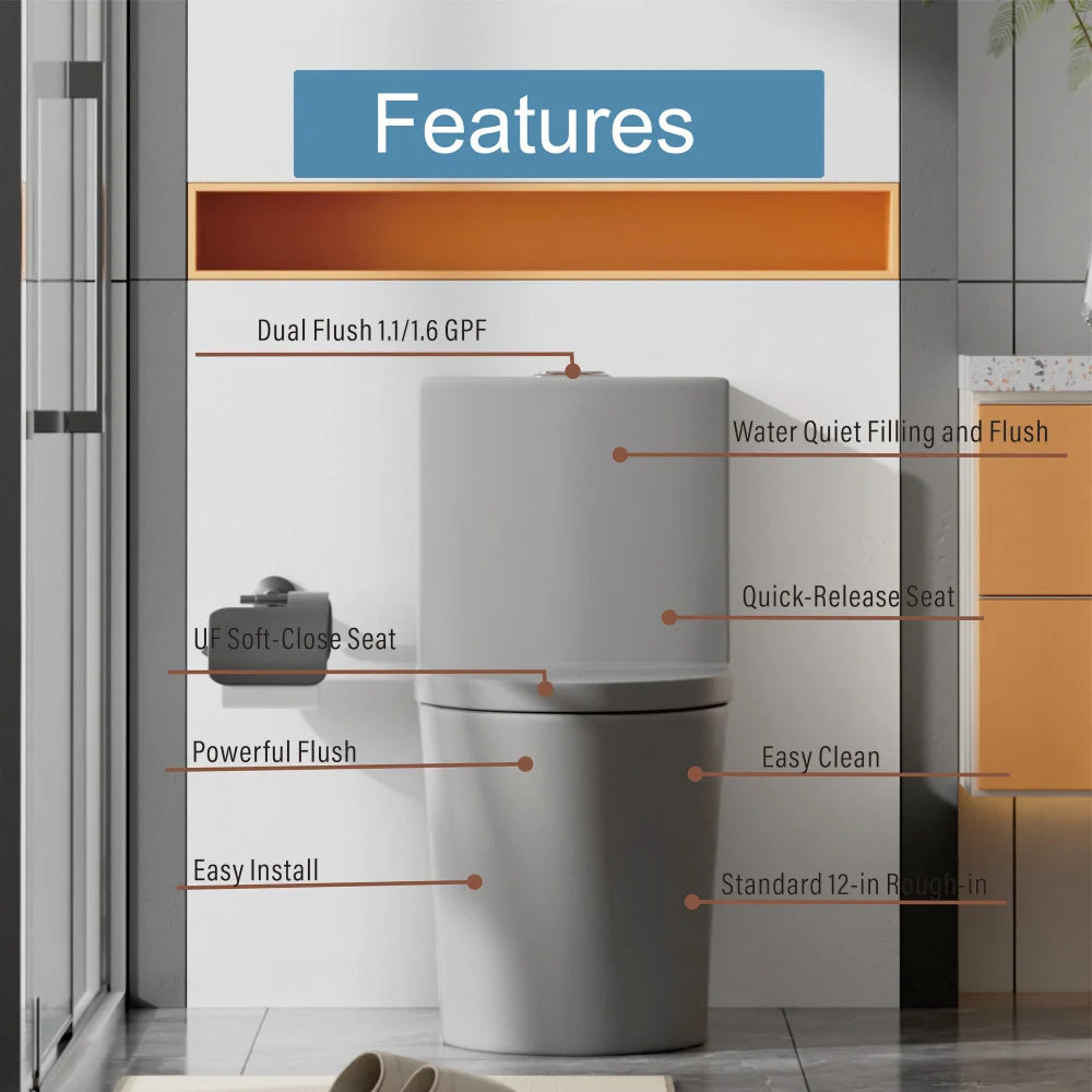 Matte Black Elongated One Piece Toilet Dual Flush 1.1/1.6 GPF Water Saving Map 1000g,Matte Black Ohberri