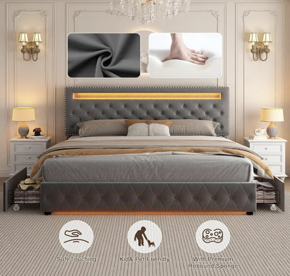 Bed Frame with 4 Storage Drawers, with Smart Control RGBW LED Lights Headboard Footboard, Control DIY Color, Box Sprin - Ohberri