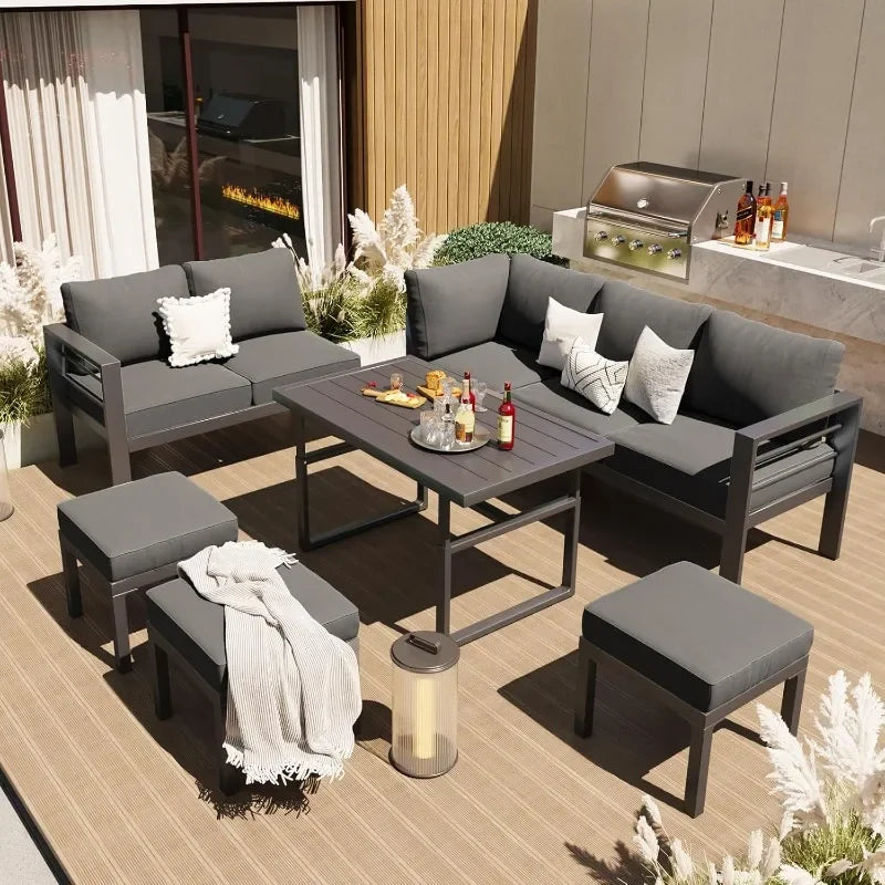 Aluminum Patio Furniture Set, Modern with Dark Grey Cushions - Ohberri