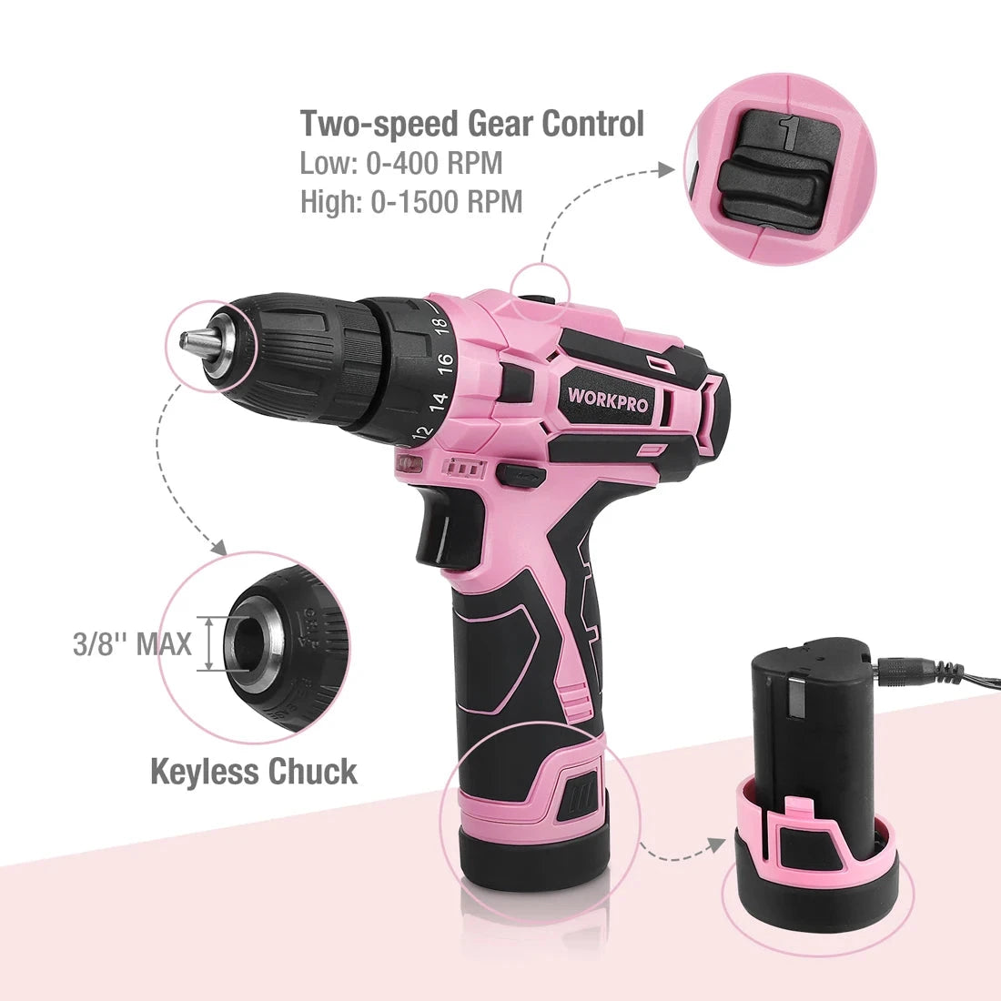 WORKPRO Pink Cordless Drill Driver Set, 12V Electric Screwdriver Driver Tool Kit, 3/8" Ohberri