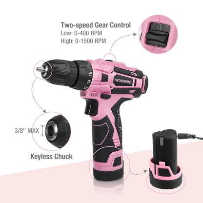 WORKPRO Pink Cordless Drill Driver Set, 12V Electric Screwdriver Driver Tool Kit, 3/8" Ohberri