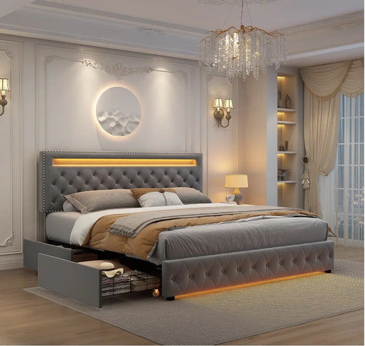Bed Frame with 4 Storage Drawers, with Smart Control RGBW LED Lights Headboard Footboard, Control DIY Color, Box Sprin - Ohberri