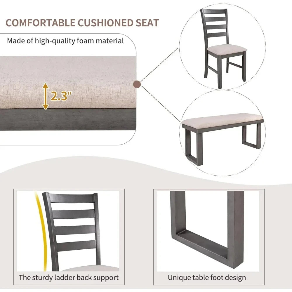 6 Piece Dining Table Set with Rectangular Table and 4 High Back Upholstered Dining Chairs and Tufted Bench Ohberri