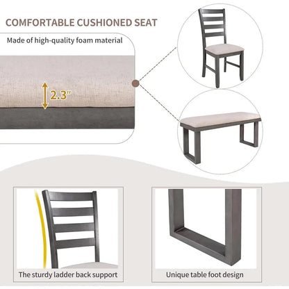 6 Piece Dining Table Set with Rectangular Table and 4 High Back Upholstered Dining Chairs and Tufted Bench Ohberri