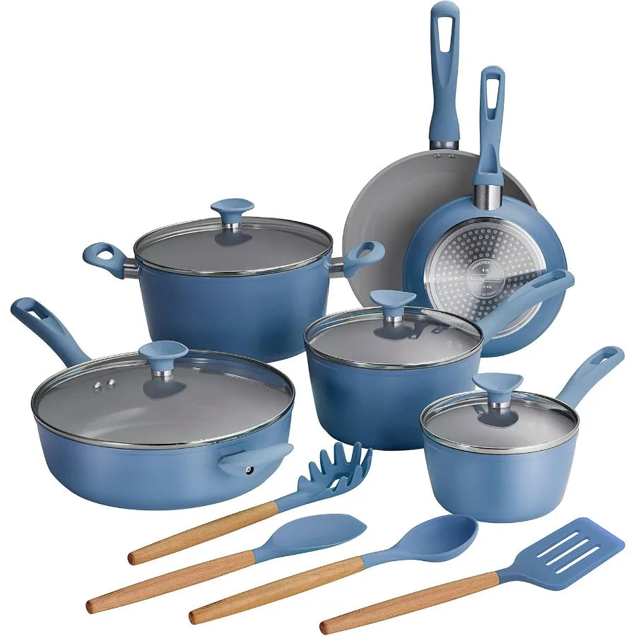 14-Piece Ceramic Nonstick Cookware Set, Oven & Dishwasher Safe, Blue Ohberri