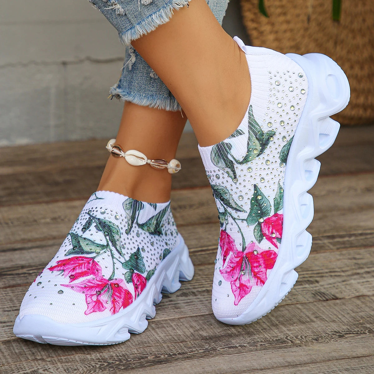 Crystal Floral Women's Knitted Breathable Mesh Sneakers Ohberri