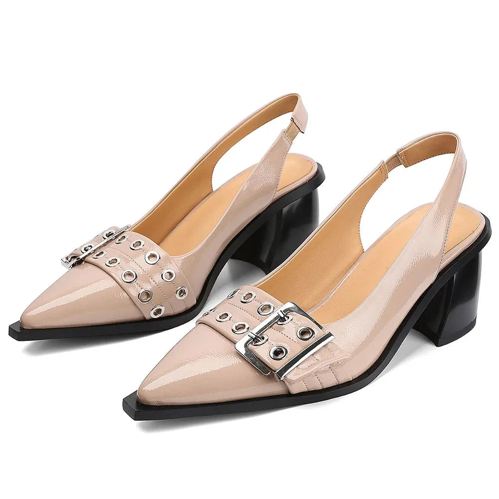 Slingback Heels Block Chunky Heel Comfortable Pointed Toe Pumps Ohberri
