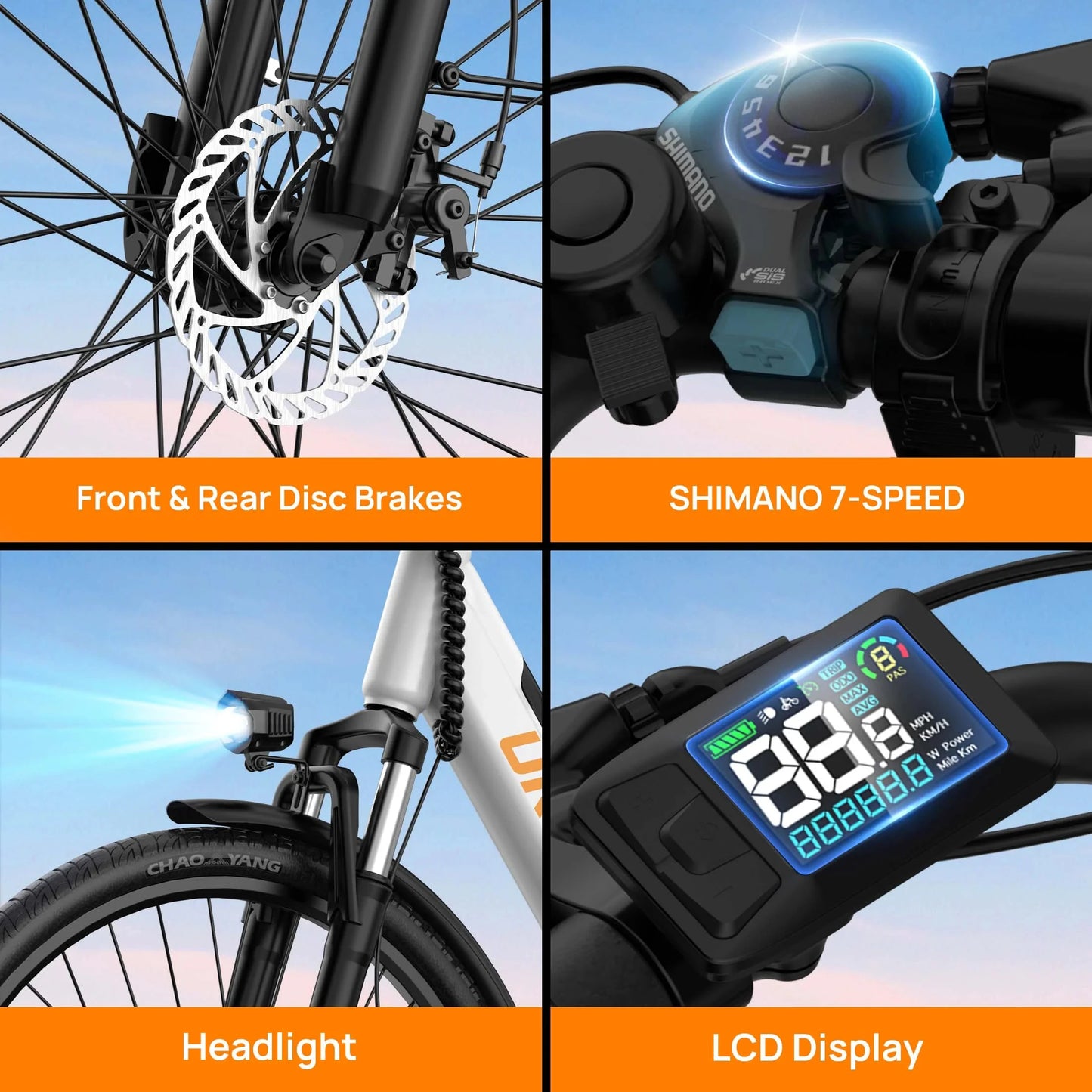 Peak 750W E26 Electric Bike 26x2" Commuter Tires 48V 10.4Ah 20MPH Speed 7-Speeds LCD Display - Ohberri