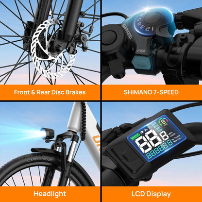 Peak 750W E26 Electric Bike 26x2" Commuter Tires 48V 10.4Ah 20MPH Speed 7-Speeds LCD Display - Ohberri