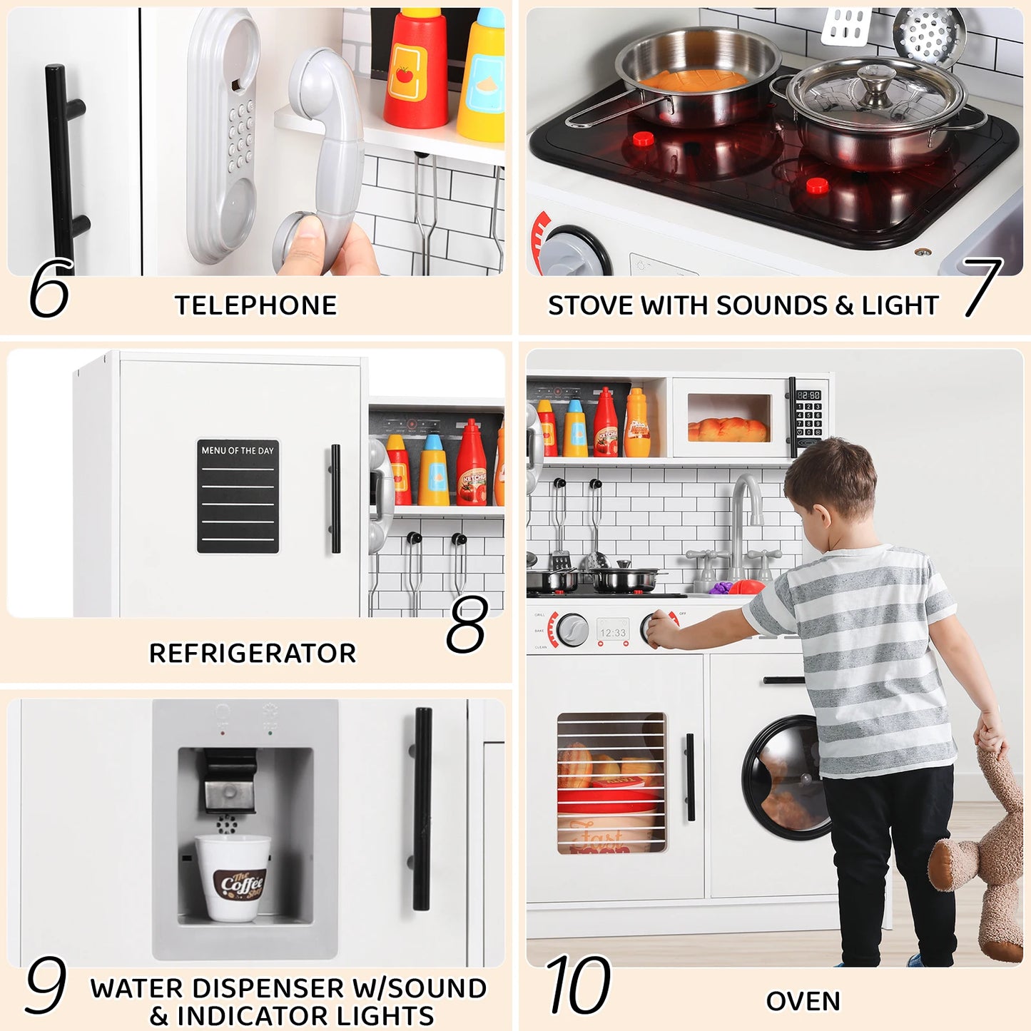 Wooden Kitchen Pretend Play Set with Simulated Light and Sound Effects, Food,Cookware - Ohberri