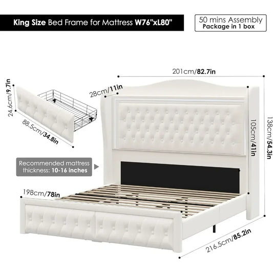 55" Tall Headboard LED, Tufted Velvet Upholstery, 2 Storage Drawers, Wood Slats- Beige - Ohberri