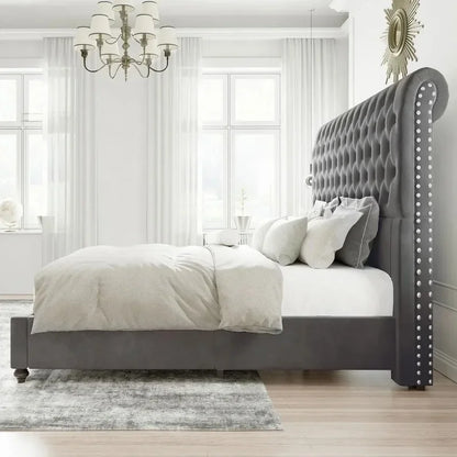 King Size Bed Frame with Velvet Tall Sleigh Headboard, 52.8" Button-Tufted Design, Elegant and Stylish - Ohberri
