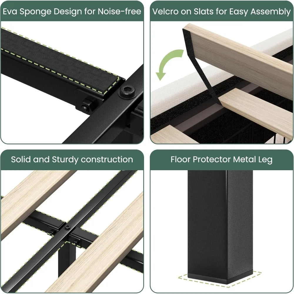 King Size Bed Frame with 4 Storage Drawers and Wingback Headboard Linen Upholstered Platform Bed Frame with Wooden Slats - Ohberri