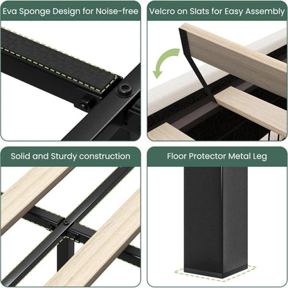 King Size Bed Frame with 4 Storage Drawers and Wingback Headboard Linen Upholstered Platform Bed Frame with Wooden Slats - Ohberri