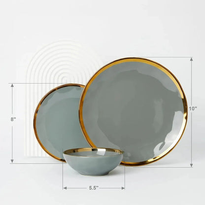 Porcelain Luxury Dinnerware Sets, Modern Plates and Bowls Sets for 4, Highly Chip and Crack Resistant, Grey and Gold Rim Ohberri