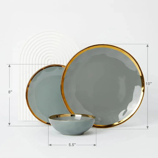 Porcelain Luxury Dinnerware Sets, Modern Plates and Bowls Sets for 4, Highly Chip and Crack Resistant, Grey and Gold Rim Ohberri