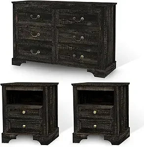 Farmhouse Bedroom Set, 3 Pieces Rustic Wood 6 Drawer Dresser and Nightstands - Ohberri