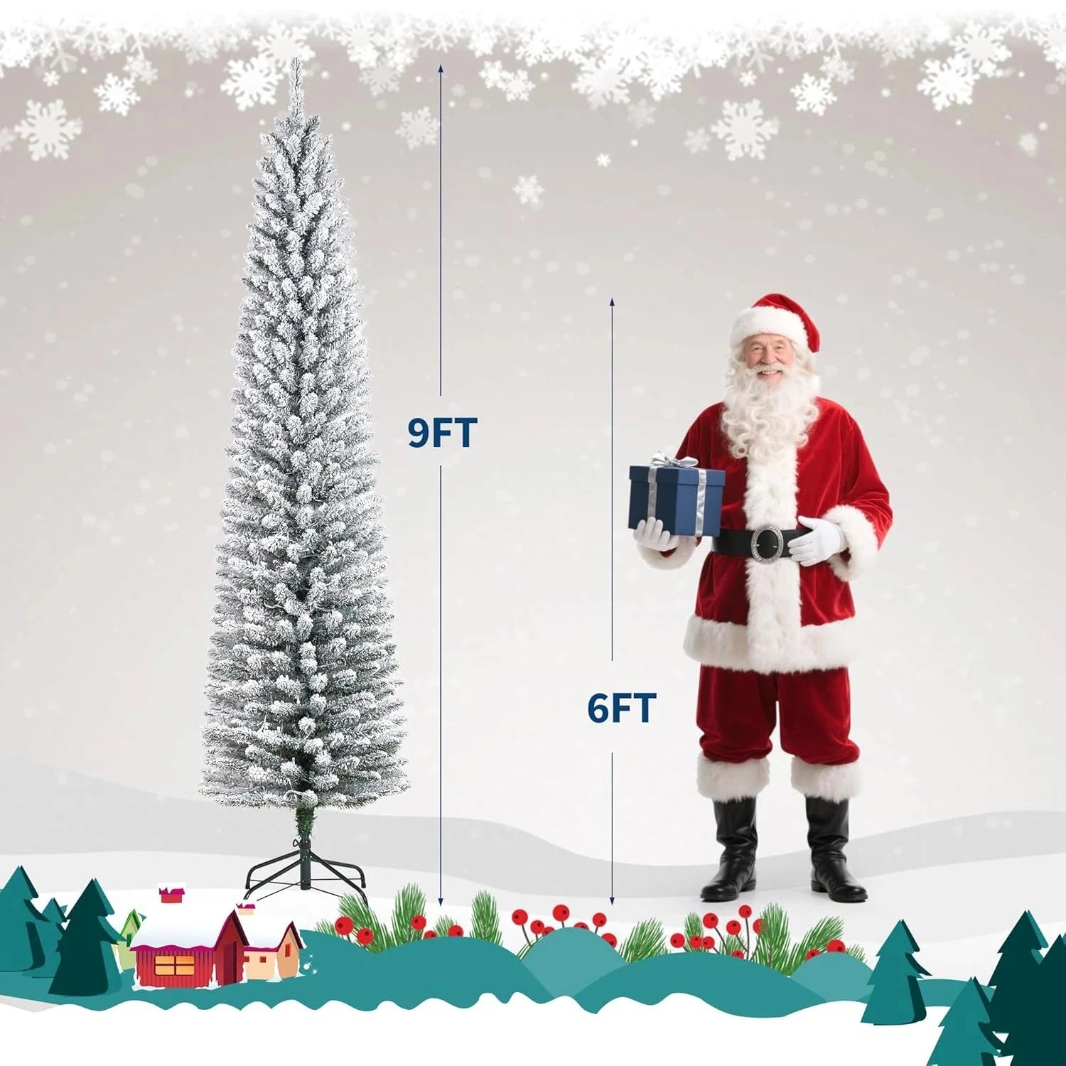 6FT/7.5FT/9FT Pre-lit Pencil Christmas Tree Artificial Xmas Tree With Light Ohberri