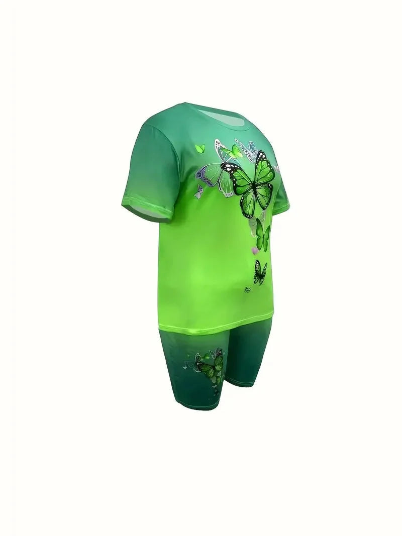 Women's Gradient Color Suit Butterfly Pattern Round Neck Short Sleeve Ohberri