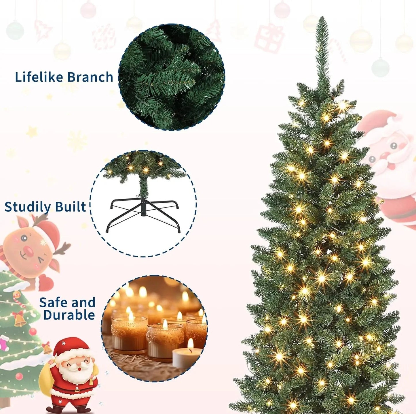 6/7.5/9/12 FT Pencil Christmas Tree Artificial Slim Christmas Tree With LED Light Ohberri