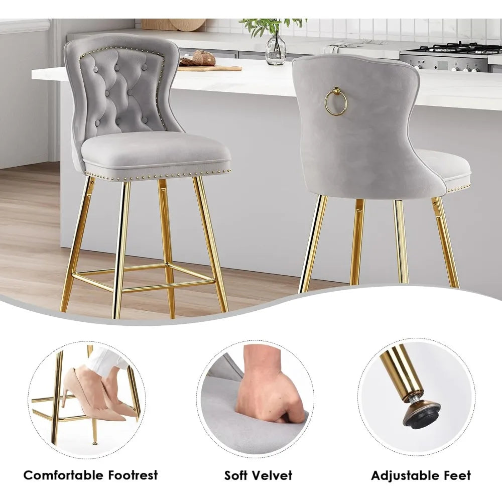Bar Stools Set of 4, Velvet Counter Height Bar Stools with Metal Legs, Button Tufted and Nailheads Trim, Wing-Back Bar - Ohberri
