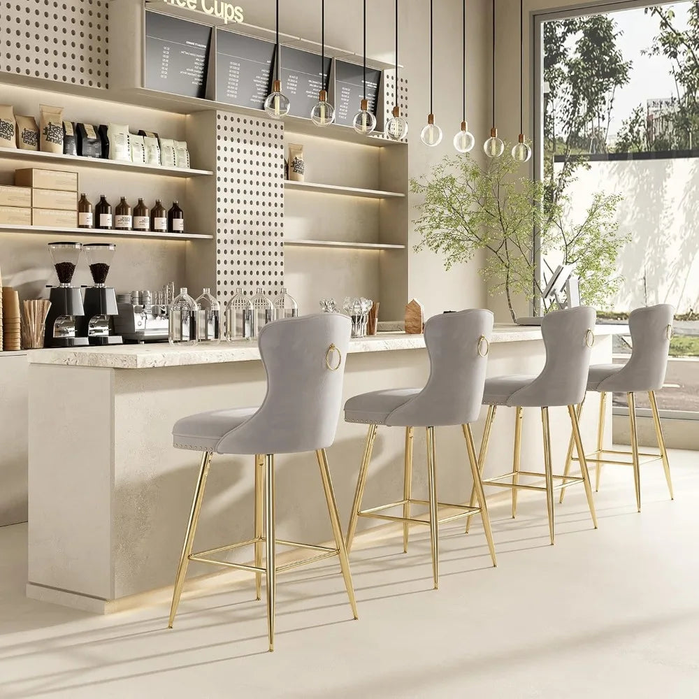 Bar Stools Set of 4, Velvet Counter Height Bar Stools with Metal Legs, Button Tufted and Nailheads Trim, Wing-Back Bar - Ohberri