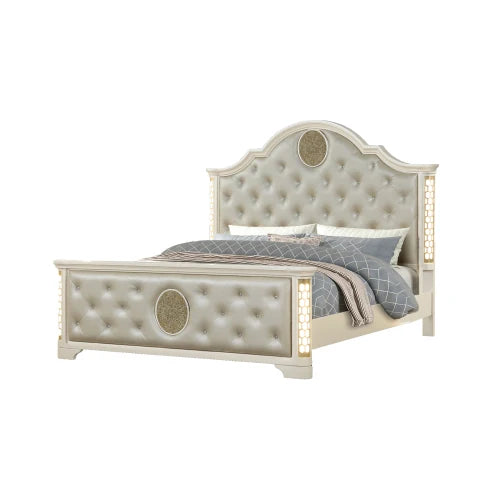 Queen 5 Pc Unique LED Vanity Bedroom Set made with Wood in Beige - Ohberri