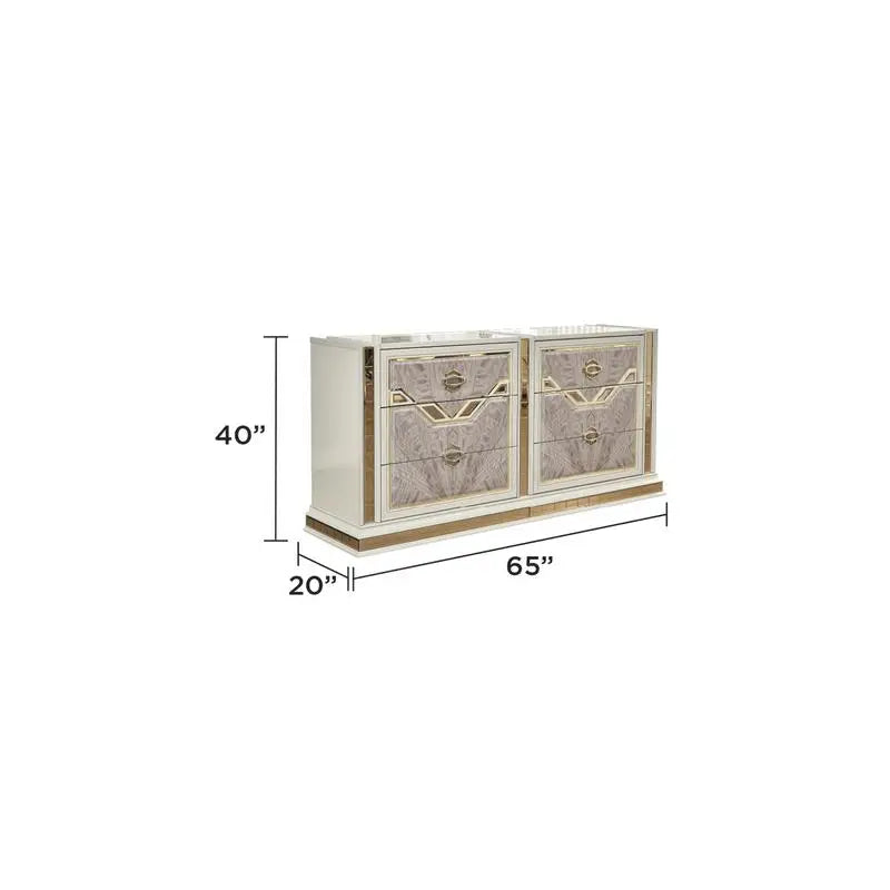 Modern Style 4-Piece Queen Upholstered Bedroom Set with Wood and Gold Accents in Beige - Ohberri