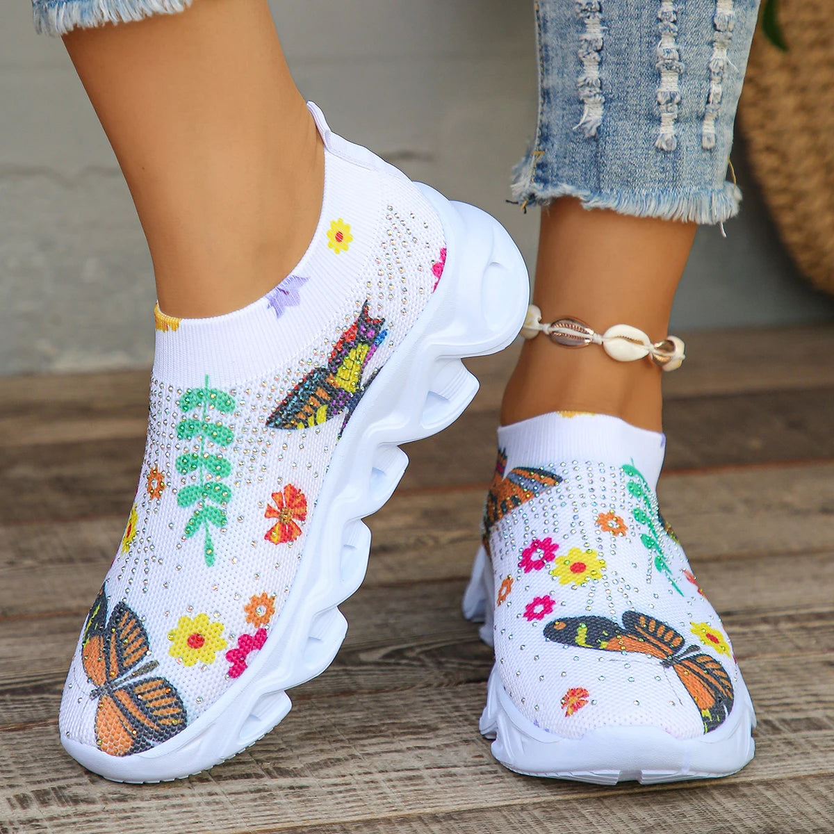 Crystal Floral Women's Knitted Breathable Mesh Sneakers Ohberri