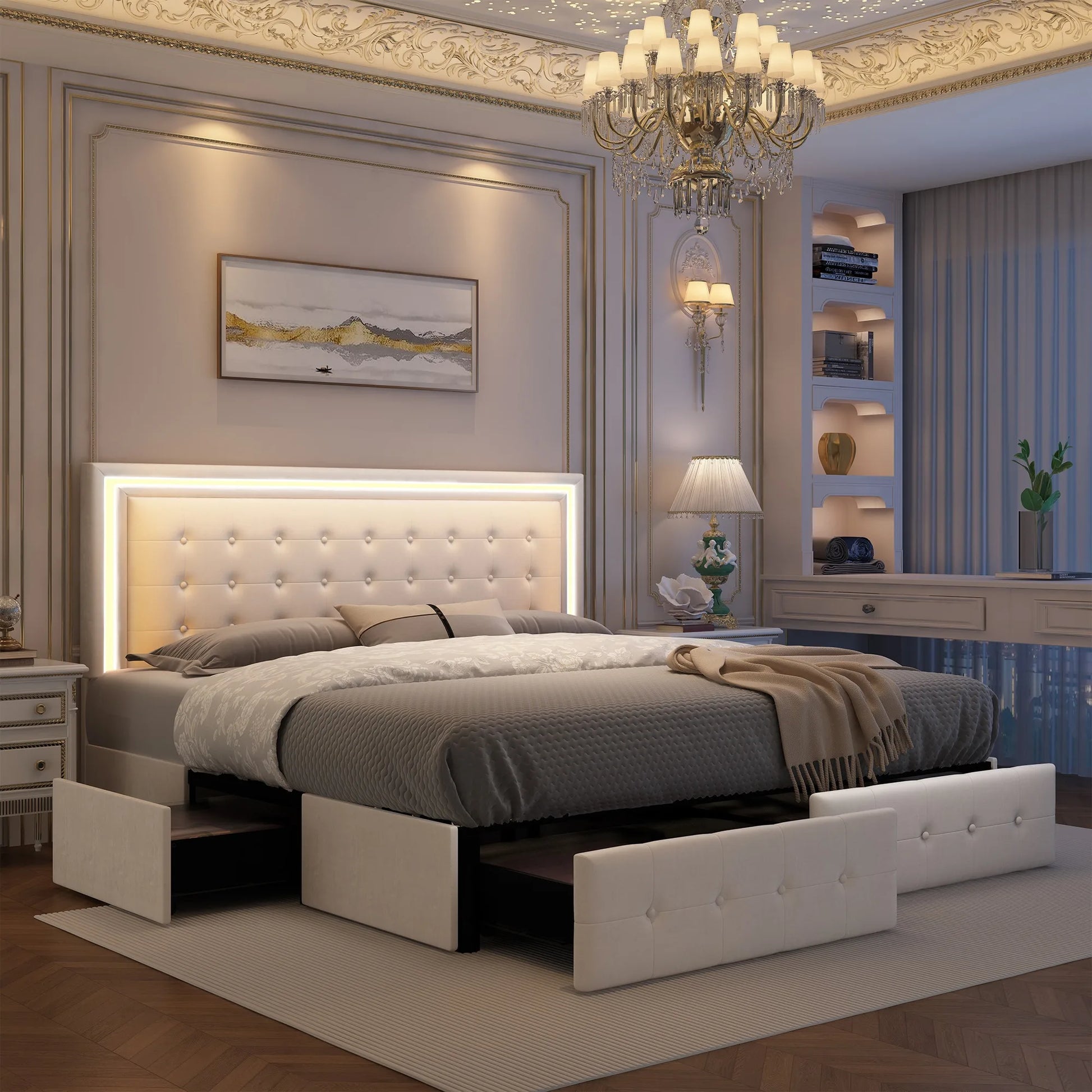 LED Bed Frame with 4 Storage Drawers, RGBW Headboard, PU Upholstered - Ohberri