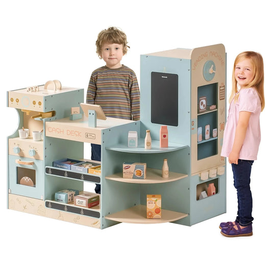 Coffee Shop Play Set with Cash Register Chalkboard Play Food Accessories - Ohberri