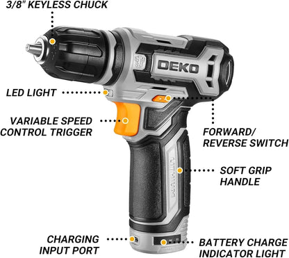 DEKO 12V Power Battery Cordless Drill Set with Small Electric Drills and 3/8-inch Ohberri