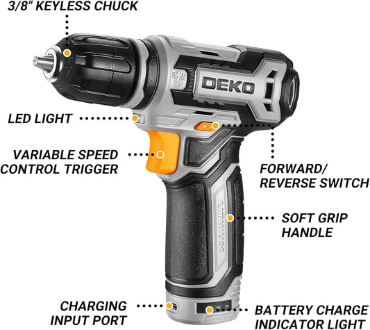 DEKO 12V Power Battery Cordless Drill Set with Small Electric Drills and 3/8-inch Ohberri