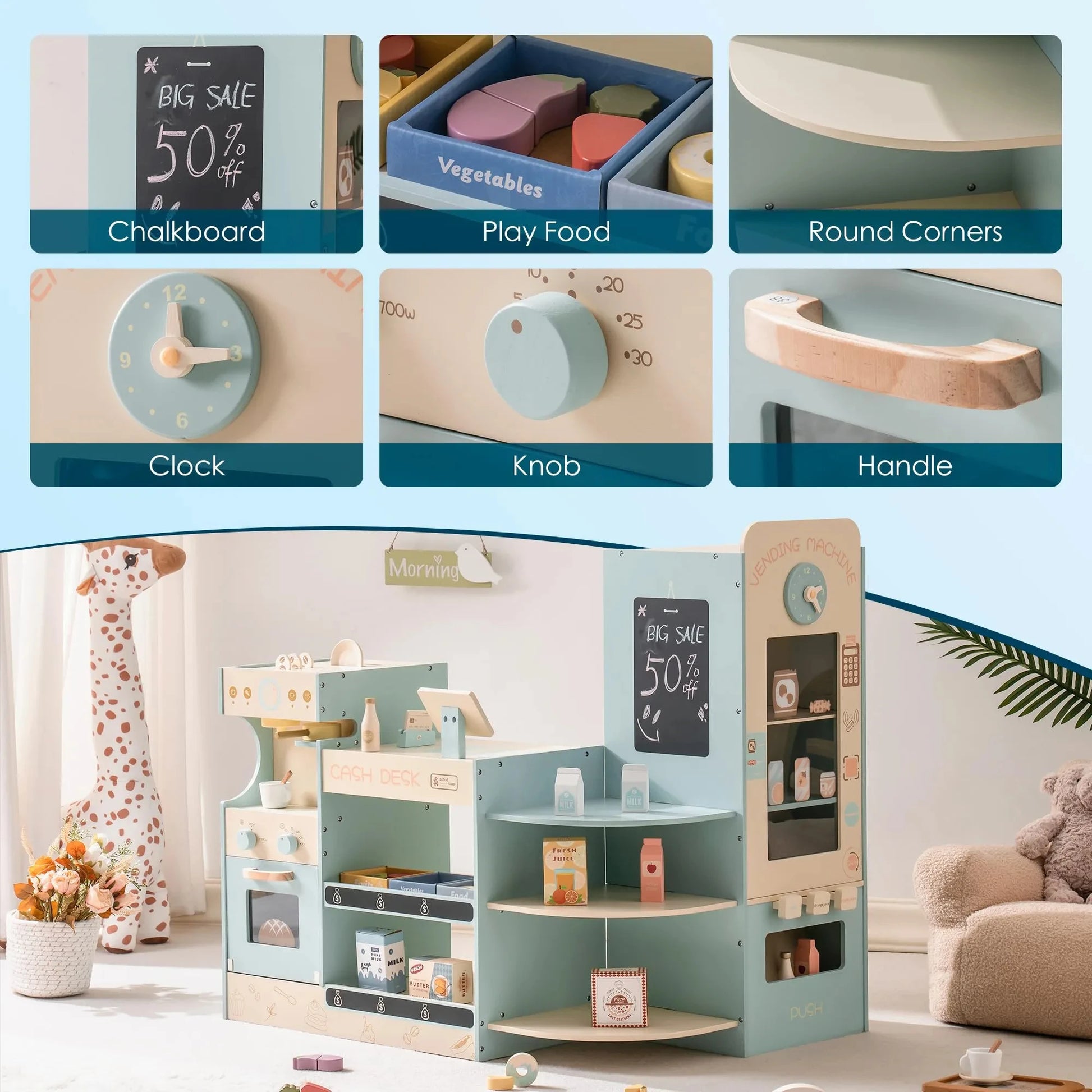 Coffee Shop Play Set with Cash Register Chalkboard Play Food Accessories - Ohberri