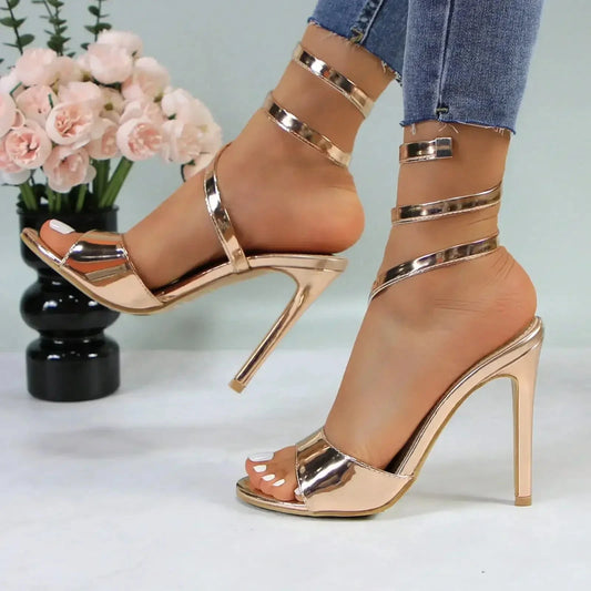Strappy Gold Stilettos - Lace-Up Ankle Wrap Heels Ohberri