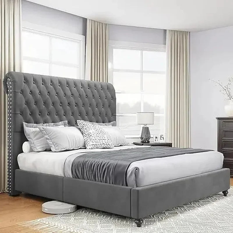 King Size Bed Frame with Velvet Tall Sleigh Headboard, 52.8" Button-Tufted Design, Elegant and Stylish - Ohberri