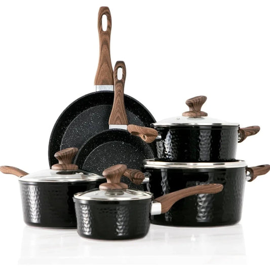 Induction Cookware Sets 15 Pcs Black Hammered -Granite Ohberri