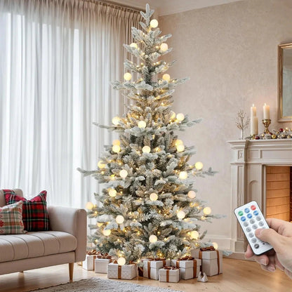 7.5ft Pre-lit Flocked Layered Christmas Tree With Remote, Hinged Flocked Christmas Tree W/ 1734 Pe & Pvc Mixed Tips Ohberri