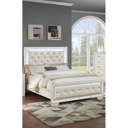 King Size Panel Bed Frame with LED Lights - Beautiful Silver Tufted Faux Leather - Ohberri