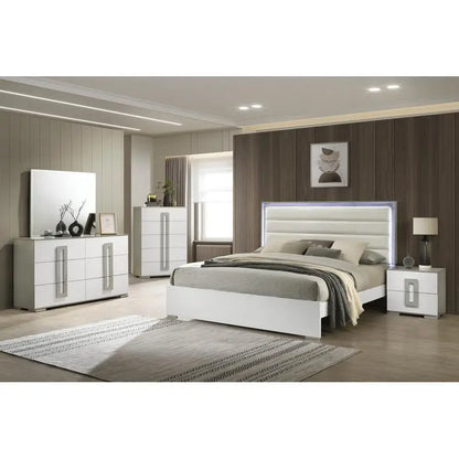Contemporary 5-Pc King Bed Set with LED Headboard, Wood, White Finish - Ohberri