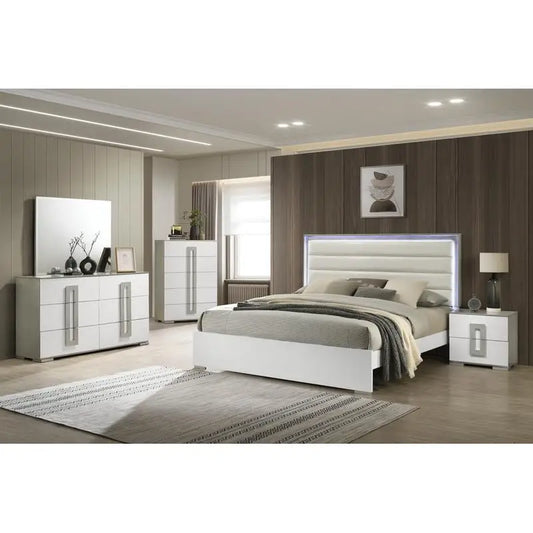 Contemporary 5-Pc King Bed Set with LED Headboard, Wood, White Finish - Ohberri