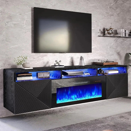 Floating TV Stand with 40 Electric Fireplace Modern Wall Mounted with Storage 80in Media Console Ohberri
