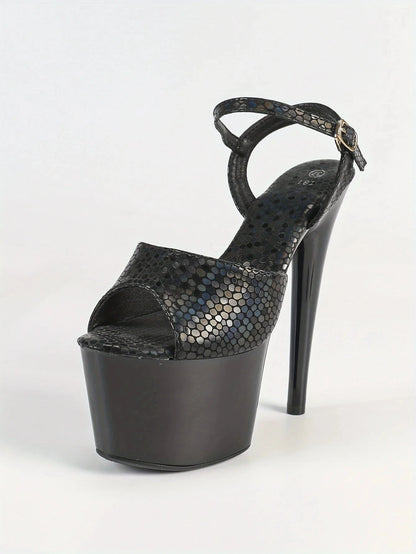 Black Waterproof Stiletto High Heels 6.69inch Platform Stone Pattern Ohberri
