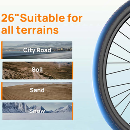 Peak 750W E26 Electric Bike 26x2" Commuter Tires 48V 10.4Ah 20MPH Speed 7-Speeds LCD Display - Ohberri