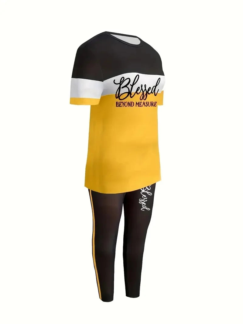 Plus Size Striped Letter Print Short-Sleeved Trousers Two-Piece Suit Ohberri