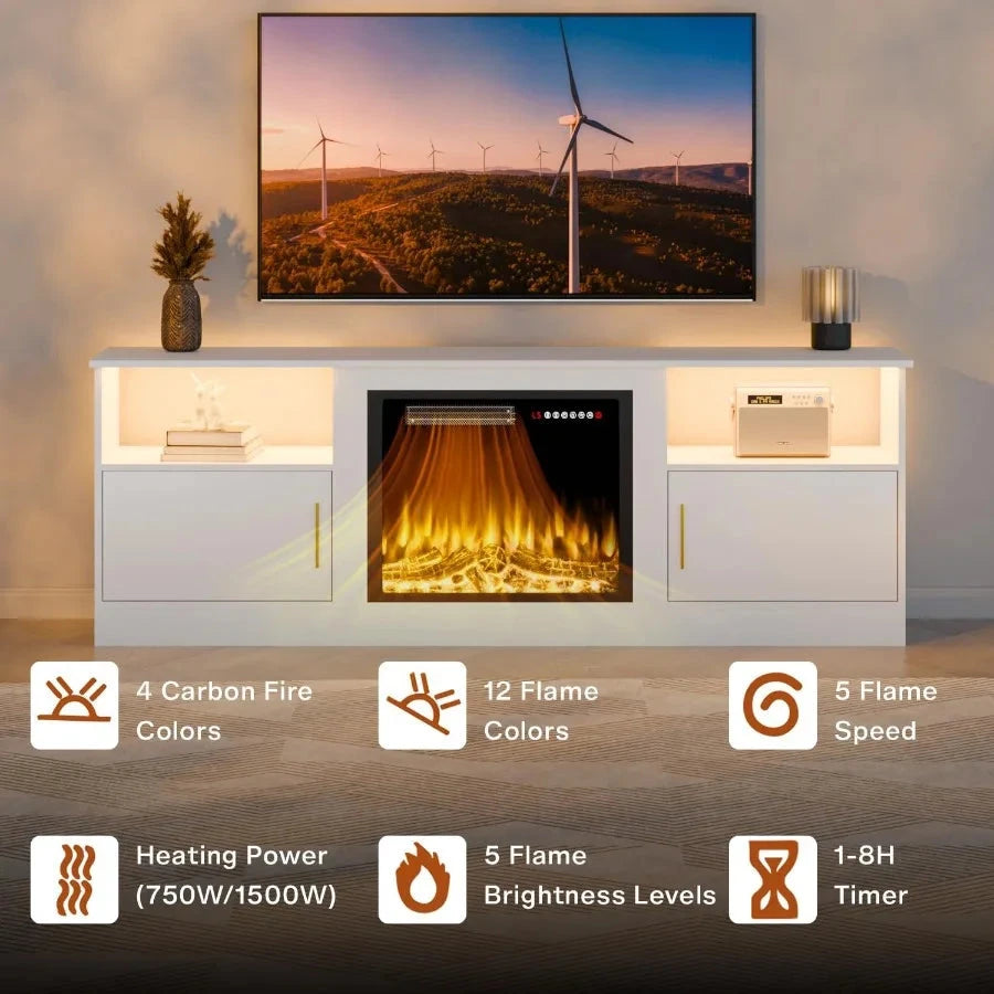 Fireplace TV Stand with 70" TV Stand with LED Lighting Ohberri